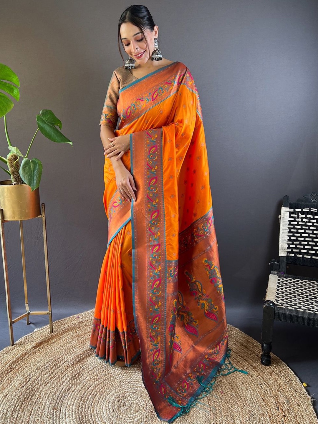

House of Pataudi Ethnic Motifs Woven Design Paithani Saree, Orange
