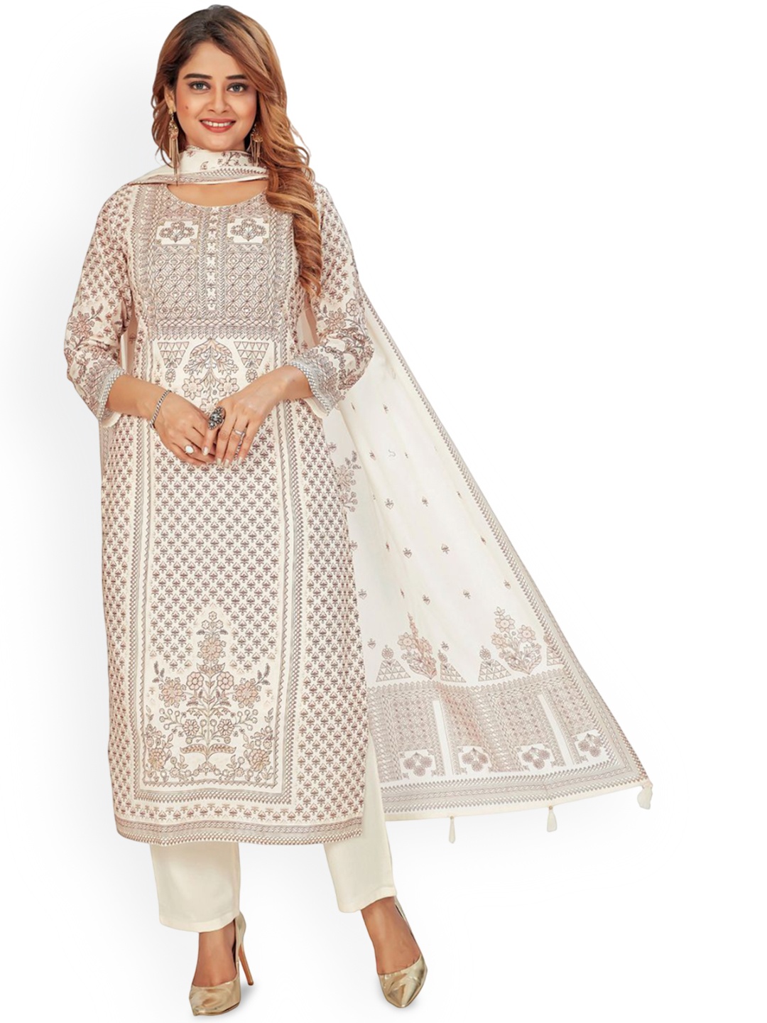 

Amchoor Floral Printed Pure Cotton Straight Kurta With Trouser & Dupatta, Cream