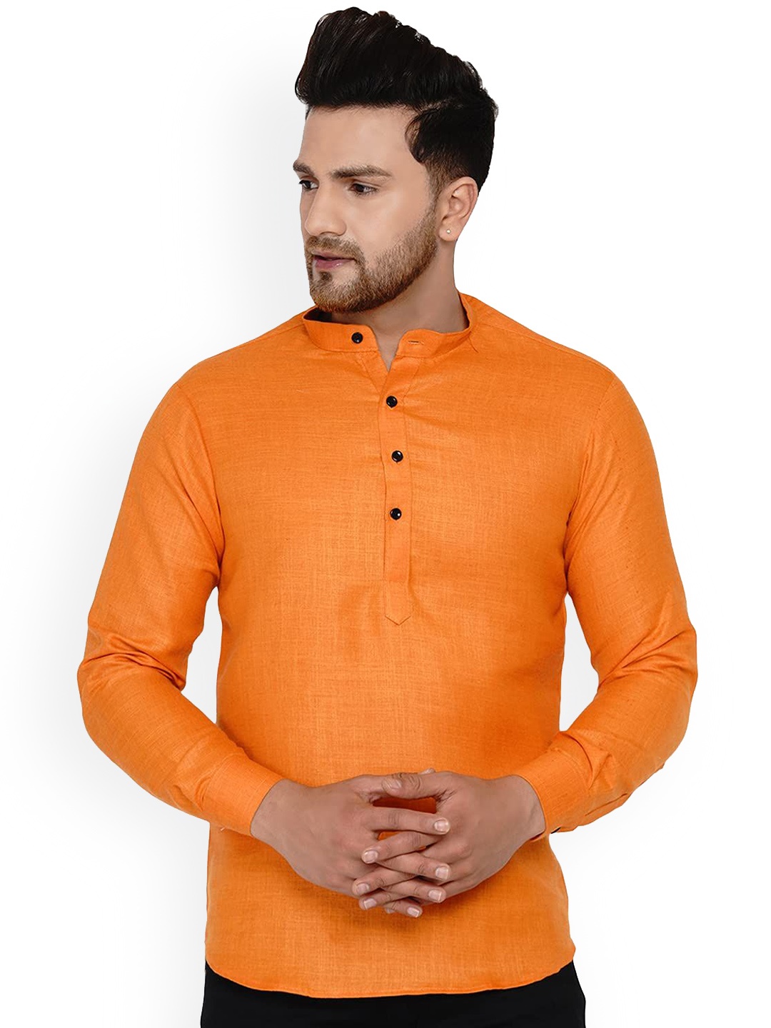 

VEERA PARIDHAAN Band Collar Long Roll-Up Sleeves Cotton Straight Kurta, Orange