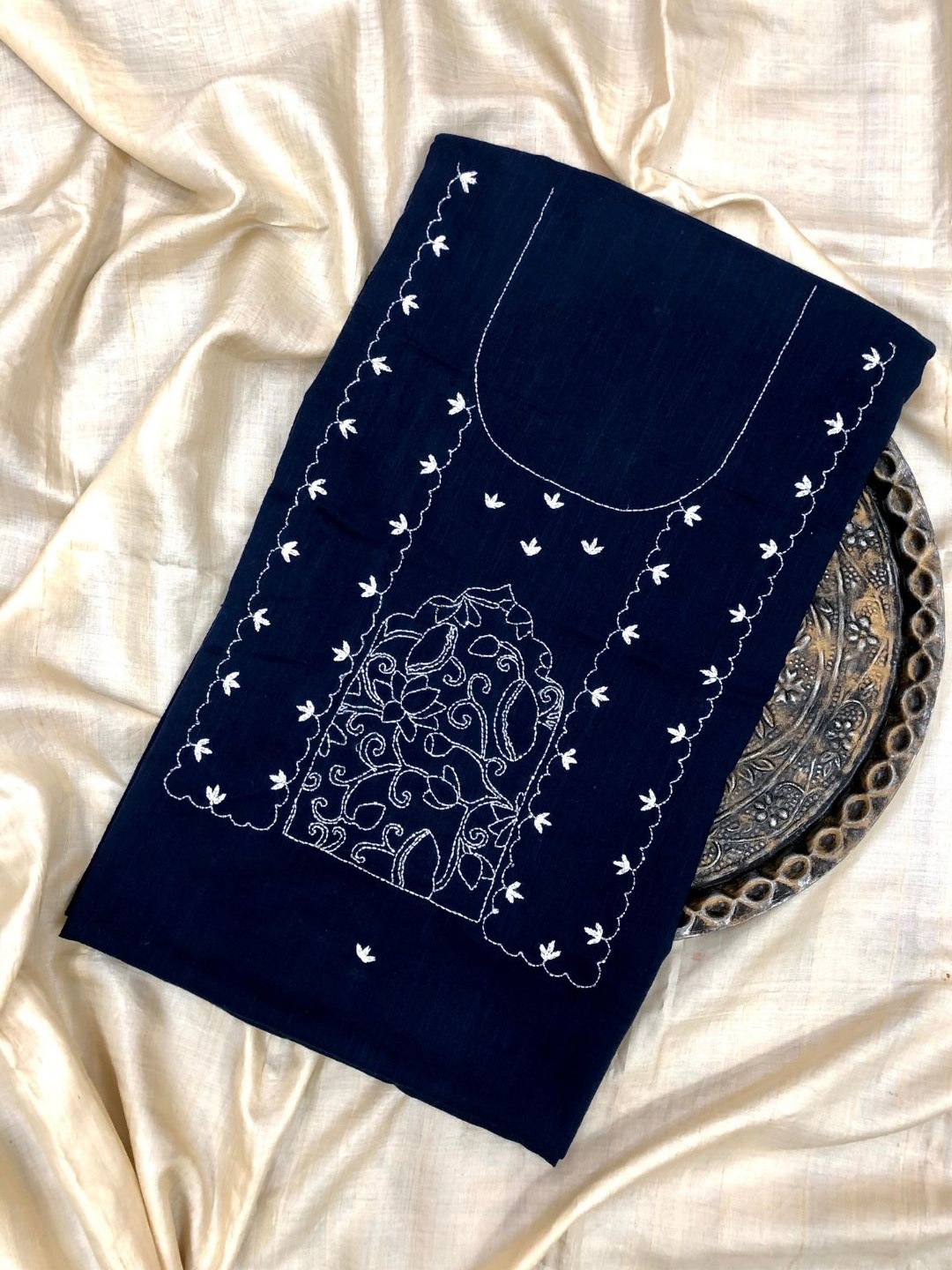

PALASH Embroidered Pure Cotton Unstitched Dress Material, Navy blue