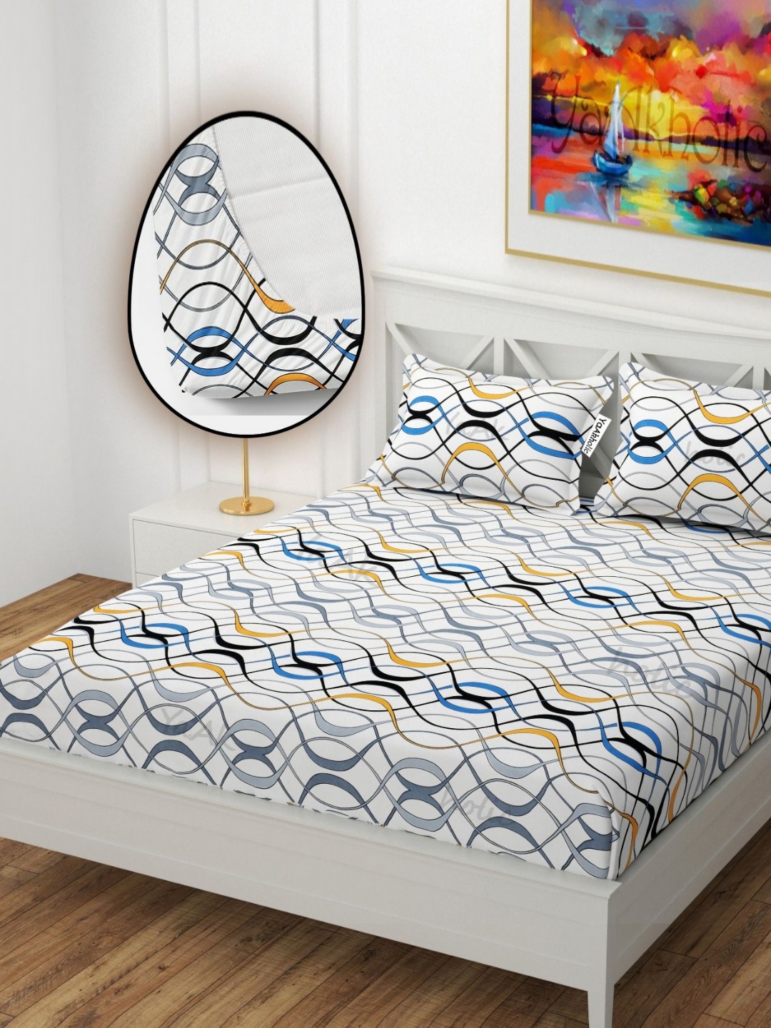 

YaAkholic White & Blue Geometric Microfiber 210 TC Fitted King Bedsheet Set-1.98m X 1.82m