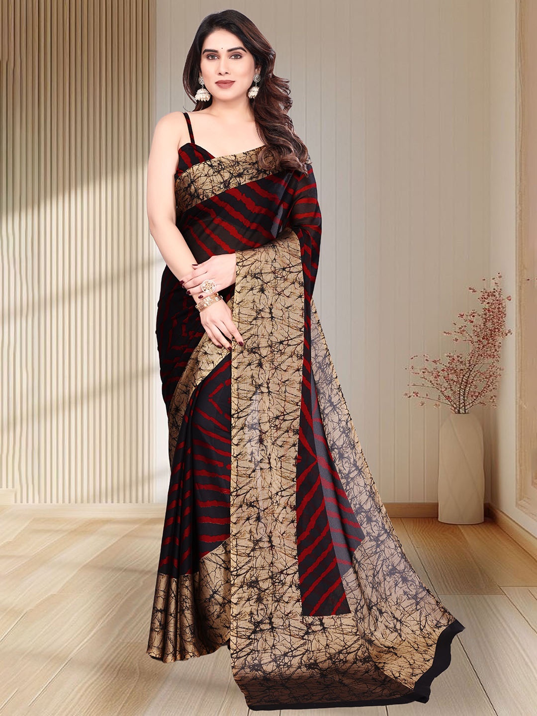 

MAGNEITTA Striped Pure Chiffon Leheriya Saree, Black