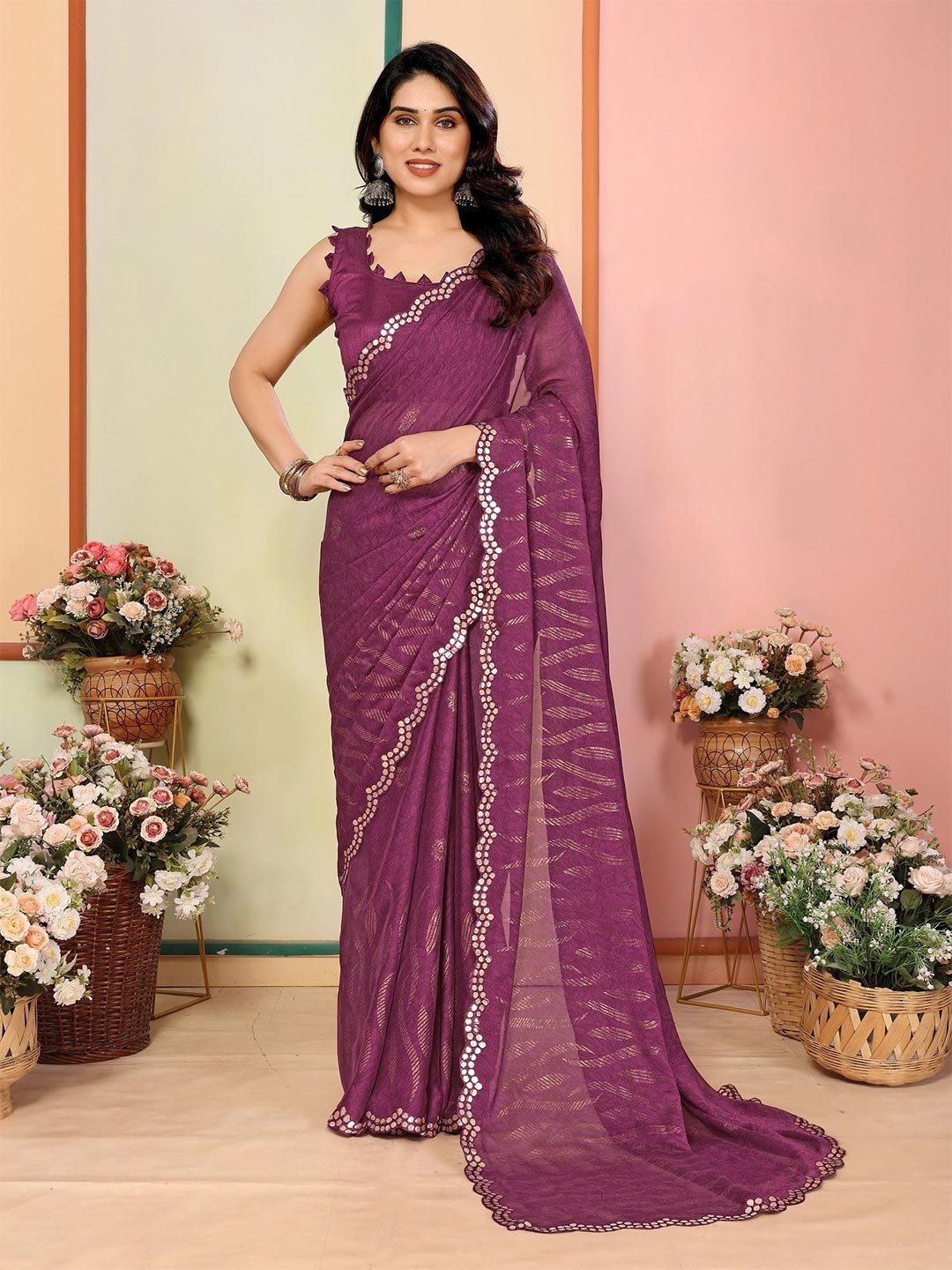 

ROOP SUNDARI SAREES Floral Printed Mirror Work Saree, Purple