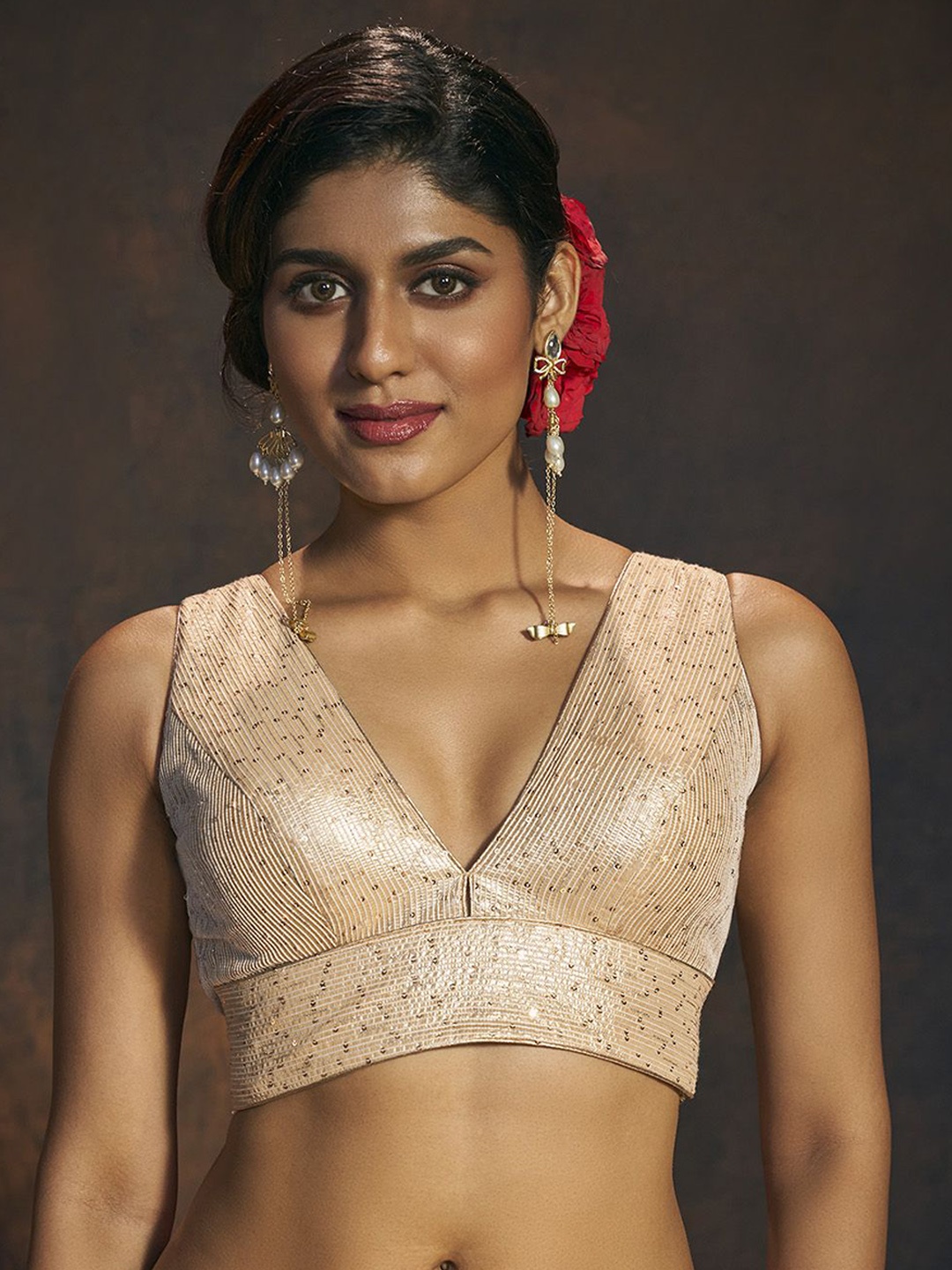 

SALWAR STUDIO Women Sequin Embroidered V-Neck Padded Saree Blouse, Gold