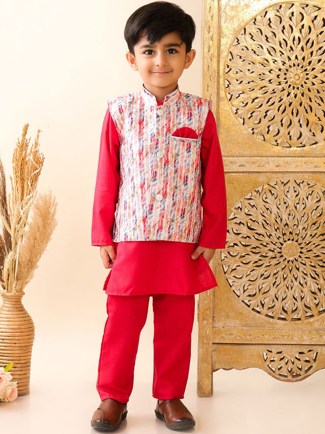 

Superminis Boys Pure Cotton Straight Kurta with Pyjama & Jacket, Red