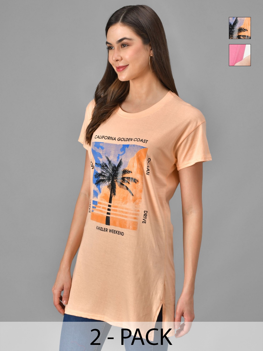 

Dreambe Women 2 Printed Extended Sleeves T-shirt, Multi