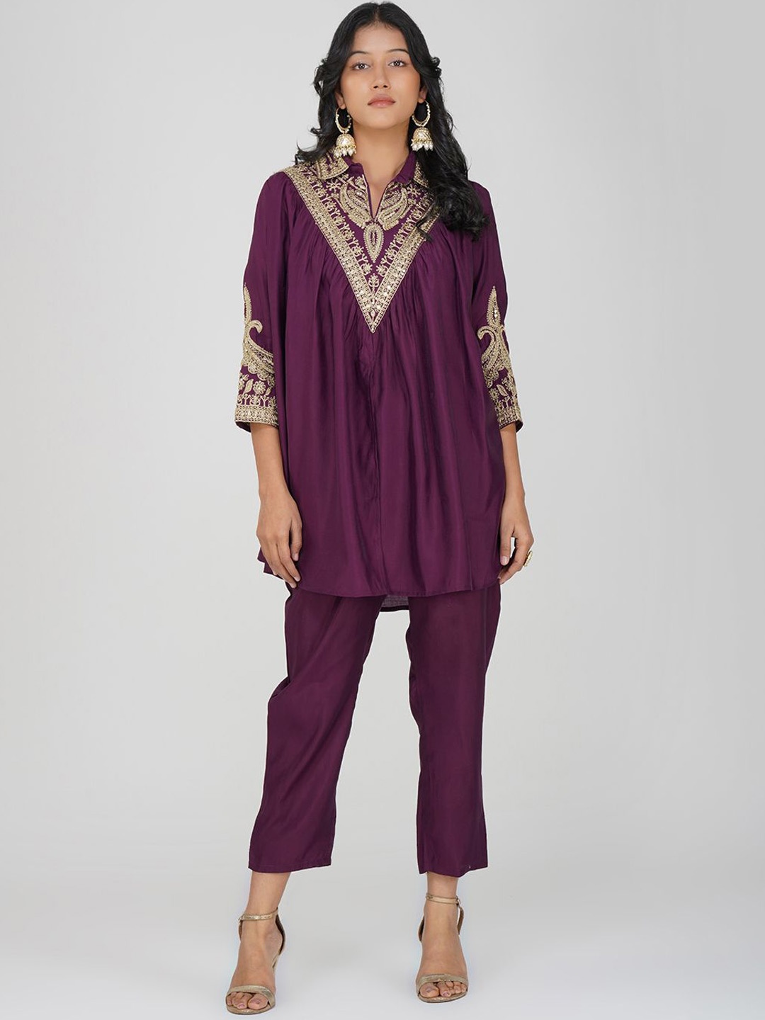 

Charitra Floral Embroidered Shirt Collar Tunic With Trousers, Purple