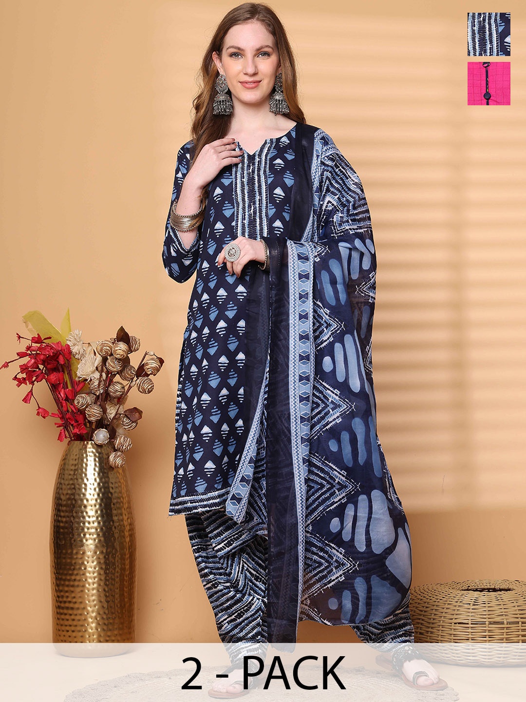 

Merira Selection Of 2 Floral Printed Notch Neck Straight Kurtas With Salwars & Dupattas, Navy blue