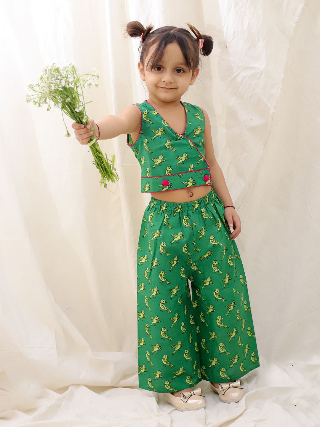 

BownBee Girls Printed V-Neck Pure Cotton Top With Palazzos, Green