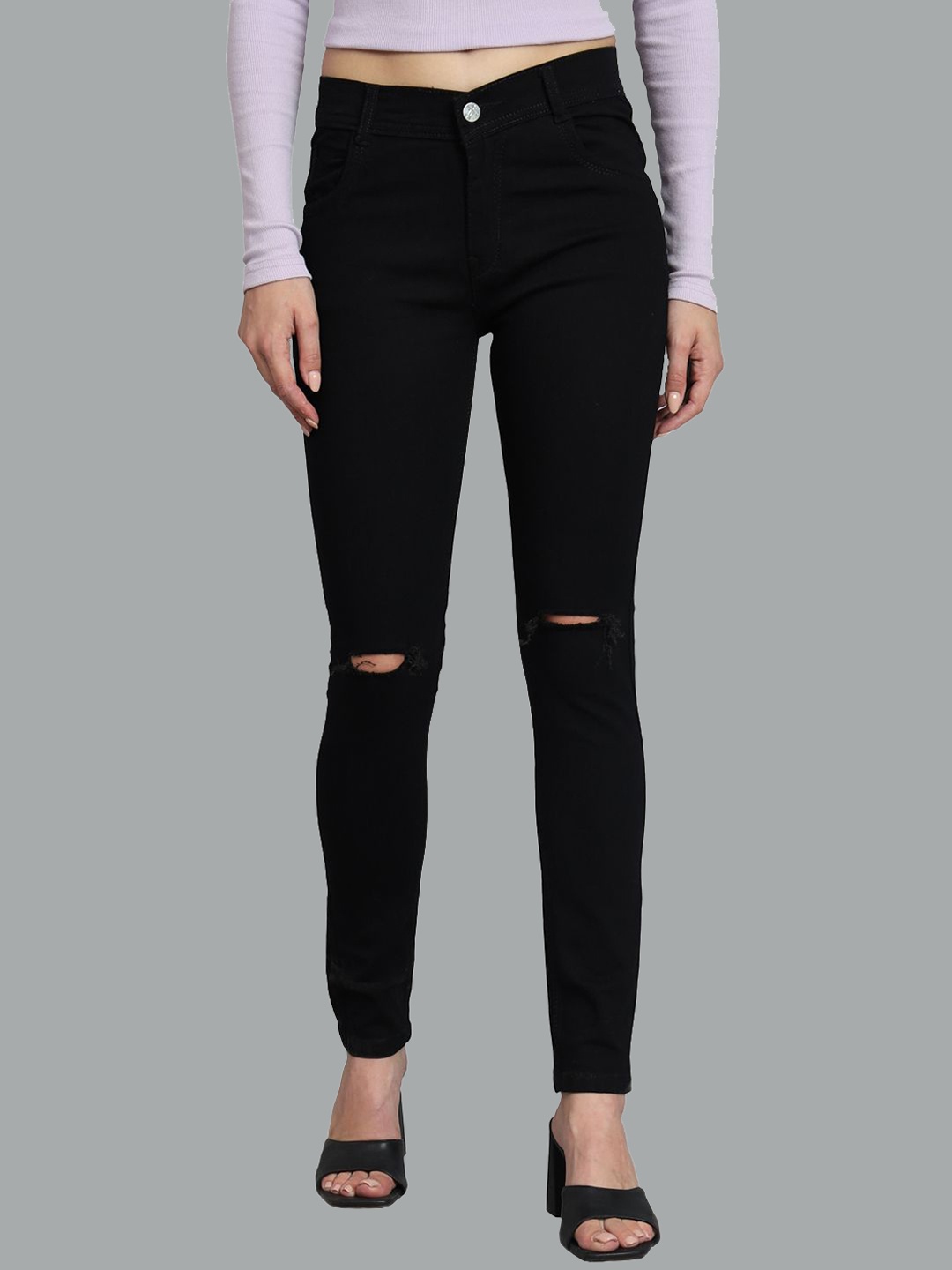

LINARIA Women Classic Slim Fit Slash Knee Jeans, Black