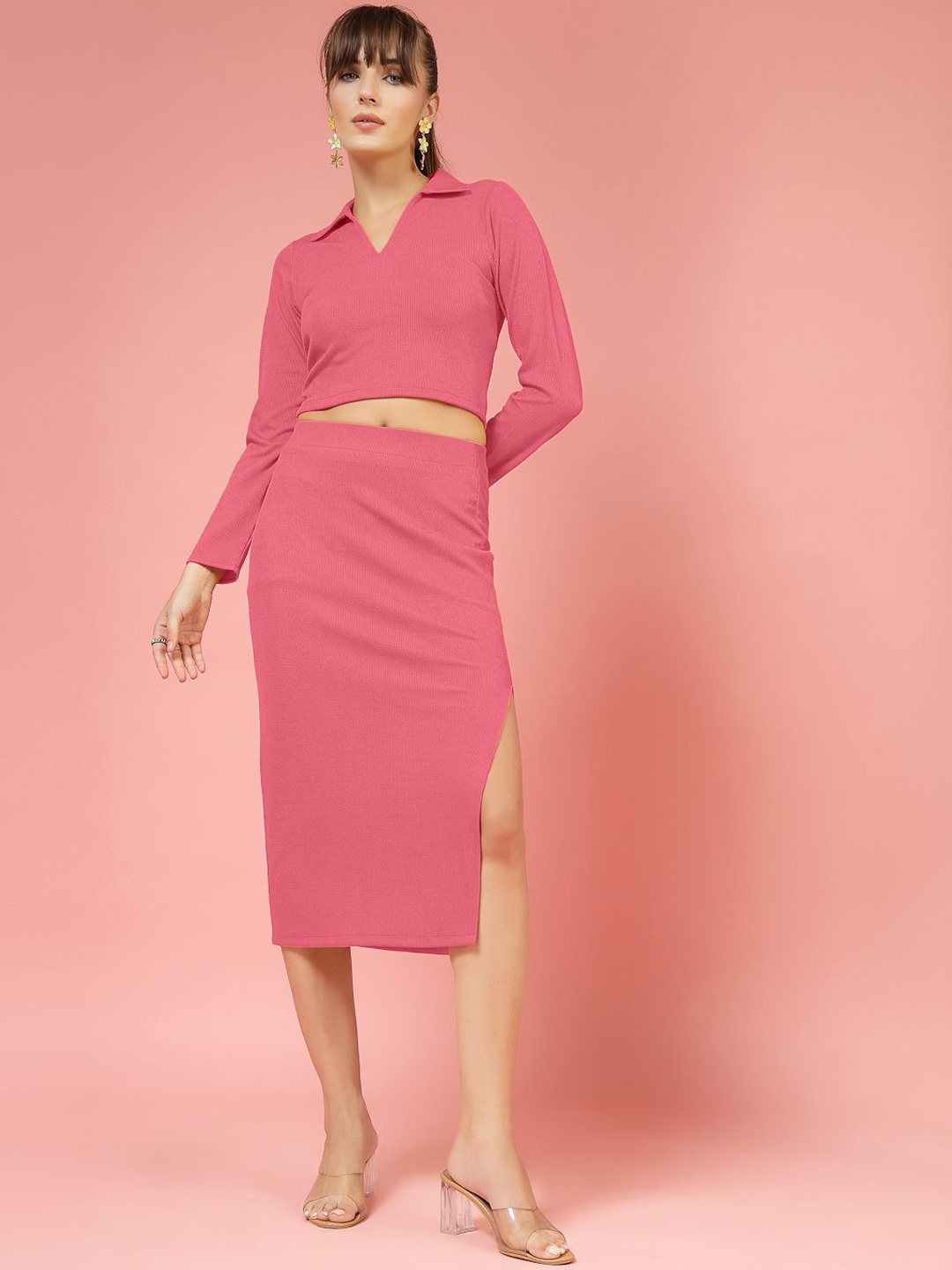 

DressBerry Shirt Collar Crop Top With Pencil Skirt, Pink