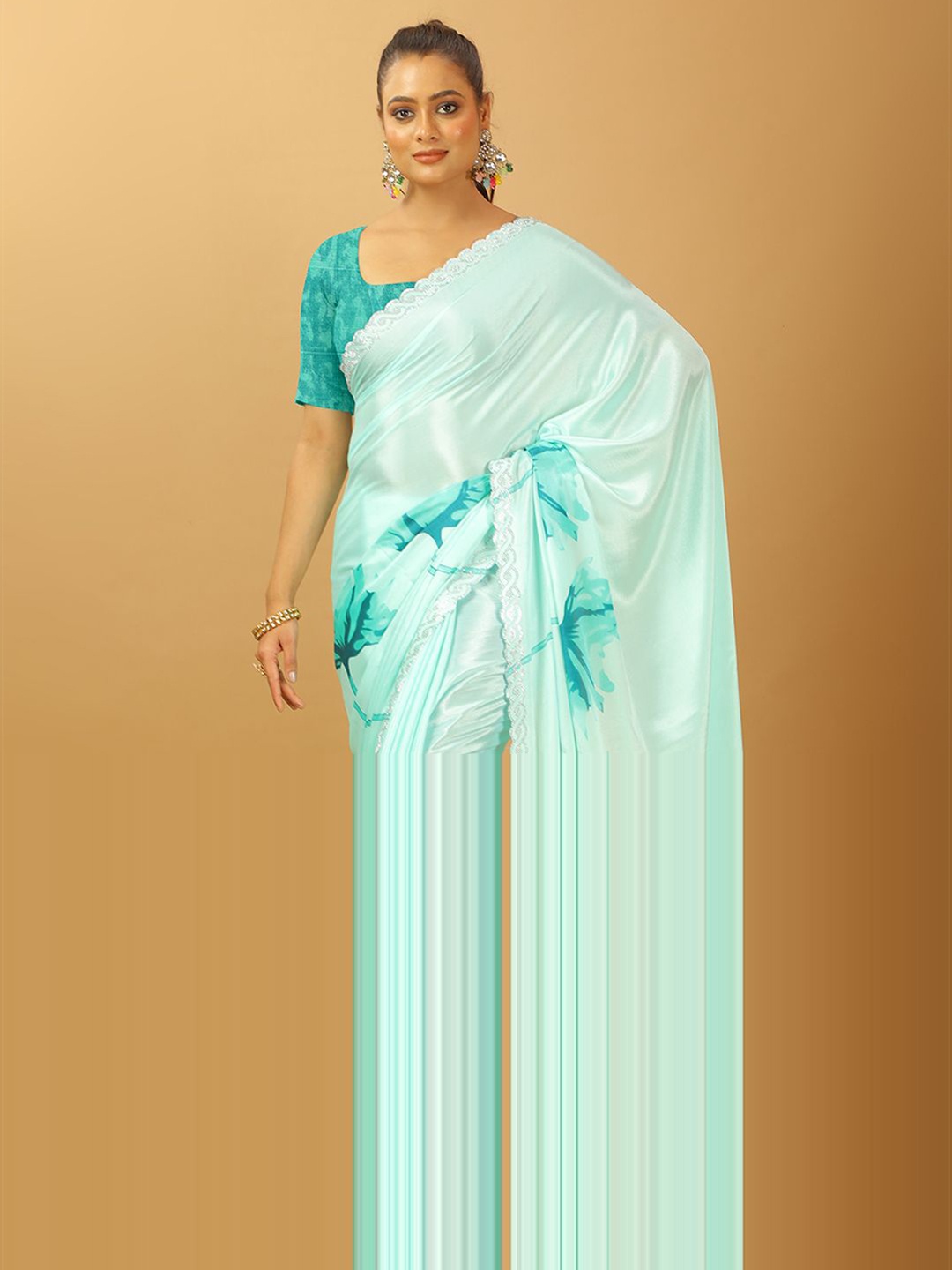 

VIRENDRA TEXTILES Floral Printed Pure Georgette Saree, Turquoise blue
