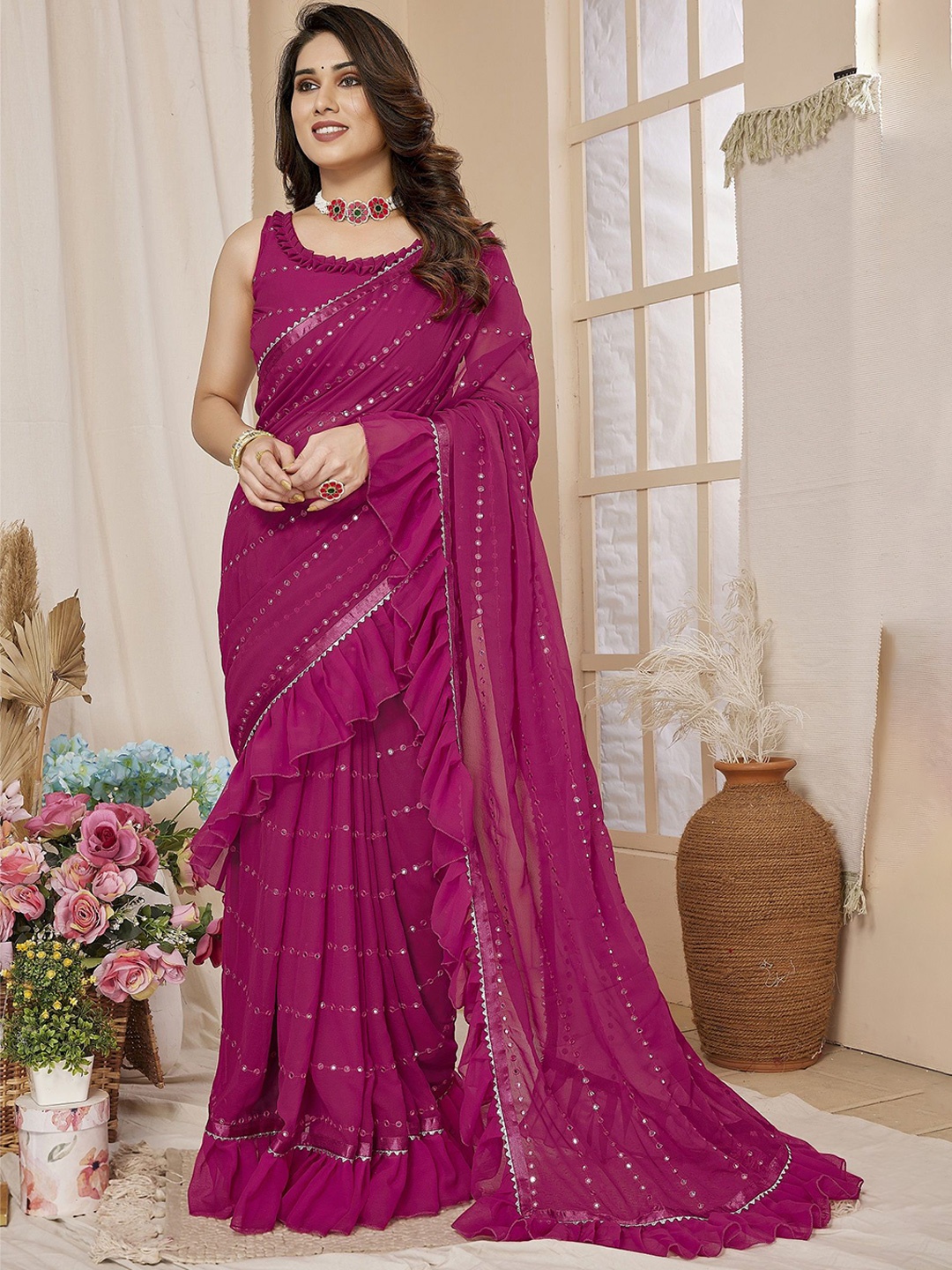 

ROOP SUNDARI SAREES Women Ethnic Motifs Mirror Work Pure Georgette Designer Saree, Pink