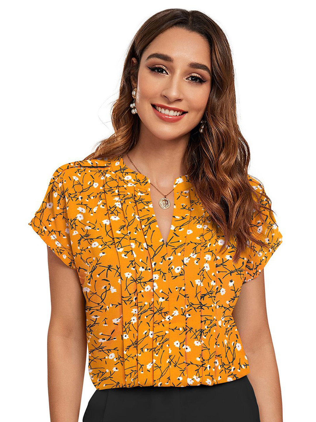 

BAESD Women Floral Printed Mandarin Collar Short Sleeves Top, Yellow
