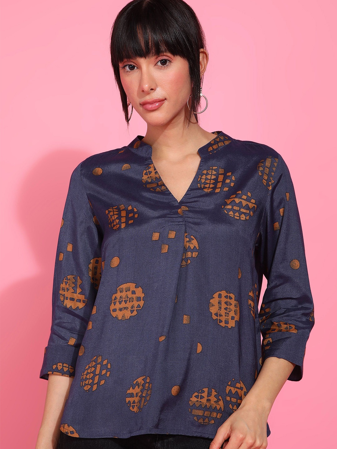 

HERE&NOW Women Floral Printed Mandarin Collar Top, Navy blue