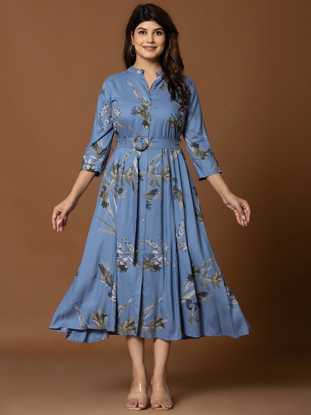 

Meena Bazaar Women Floral Printed Fit & Flare Midi Dress, Blue