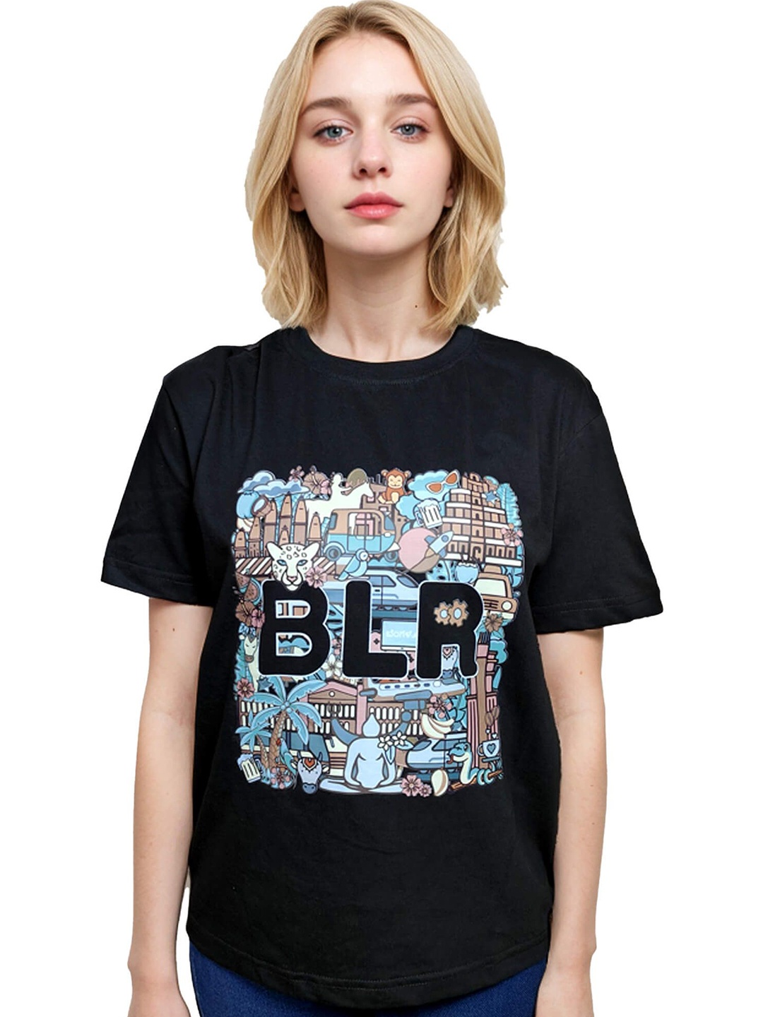 

MAATIR DESIGNS Women Print Round Neck Short Sleeves Cotton Tshirts, Black