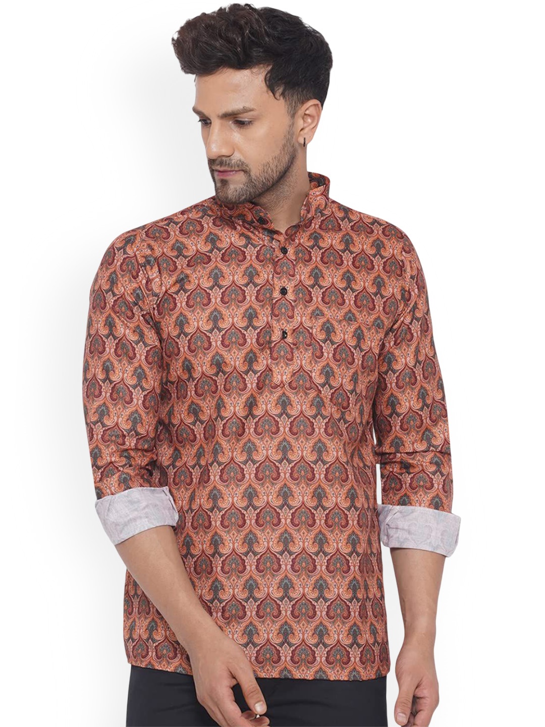 

VEERA PARIDHAAN Ethnic Motifs Printed Band Collar Cotton Straight Short Kurta, Orange