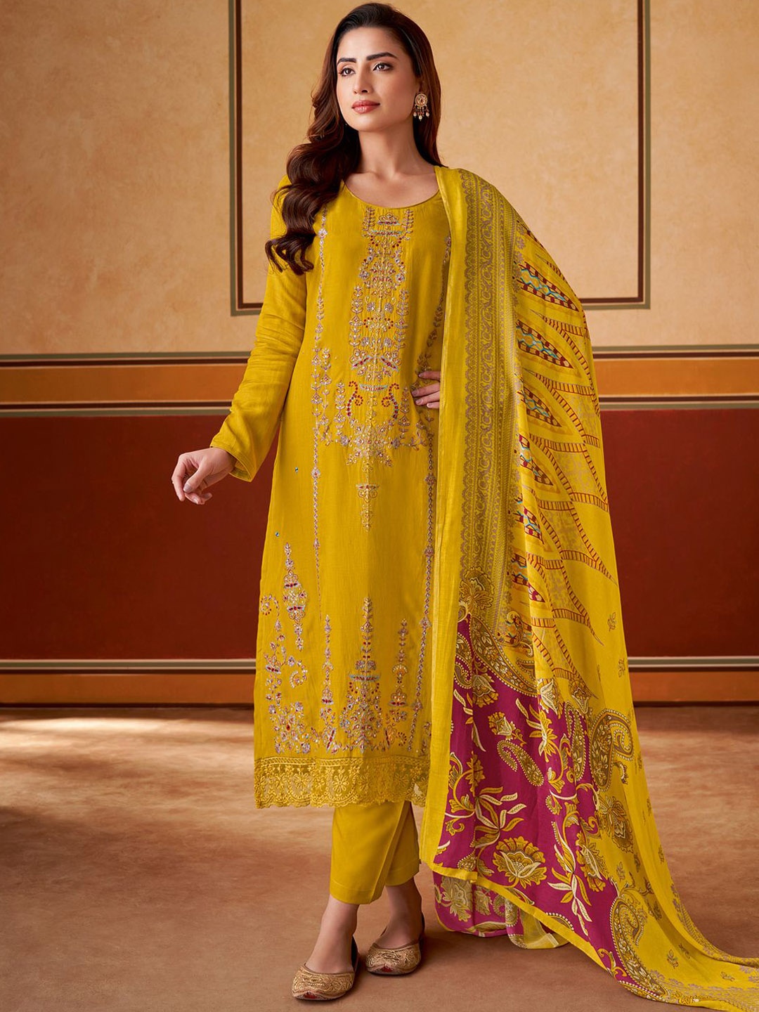 

Stylee LIFESTYLE Embroidered Pure Silk Unstitched Dress Material, Yellow