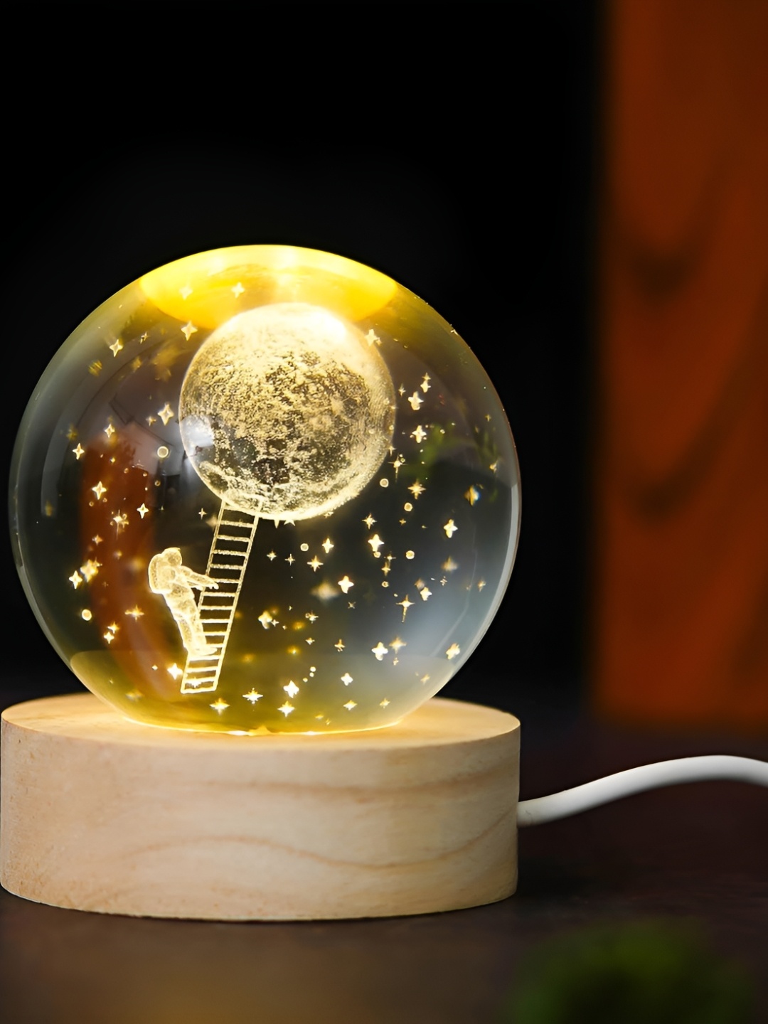 

Webelkart Brown & White 3D Moon Ball Night Light With Wooden Base Table Lamp