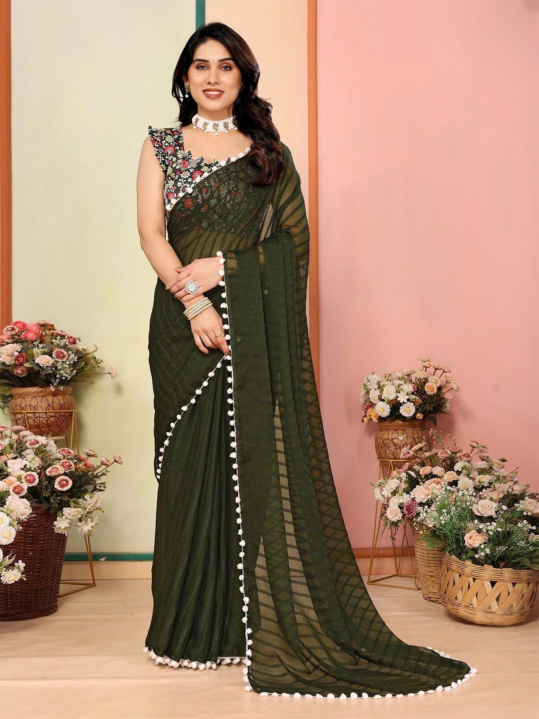 

ROOP SUNDARI SAREES Women's Woven Design Pom Pom Satin Silk Saree, Green