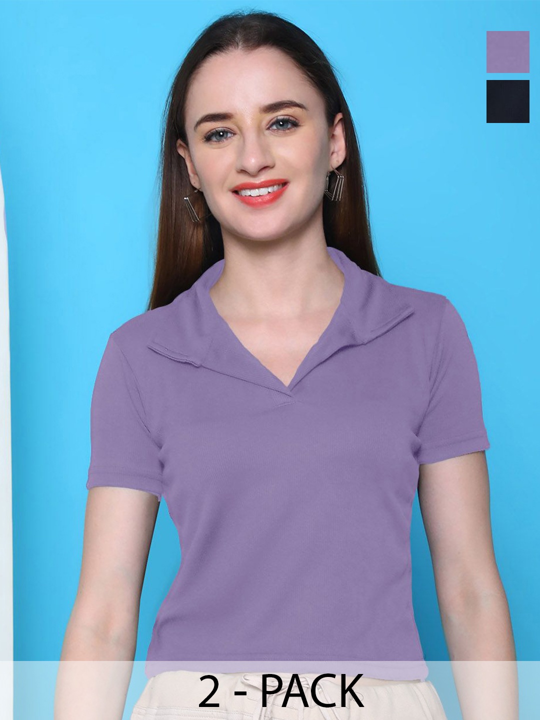 

Tromko Pack Of 2 Women Shirt Collar Regular Crop Top, Lavender