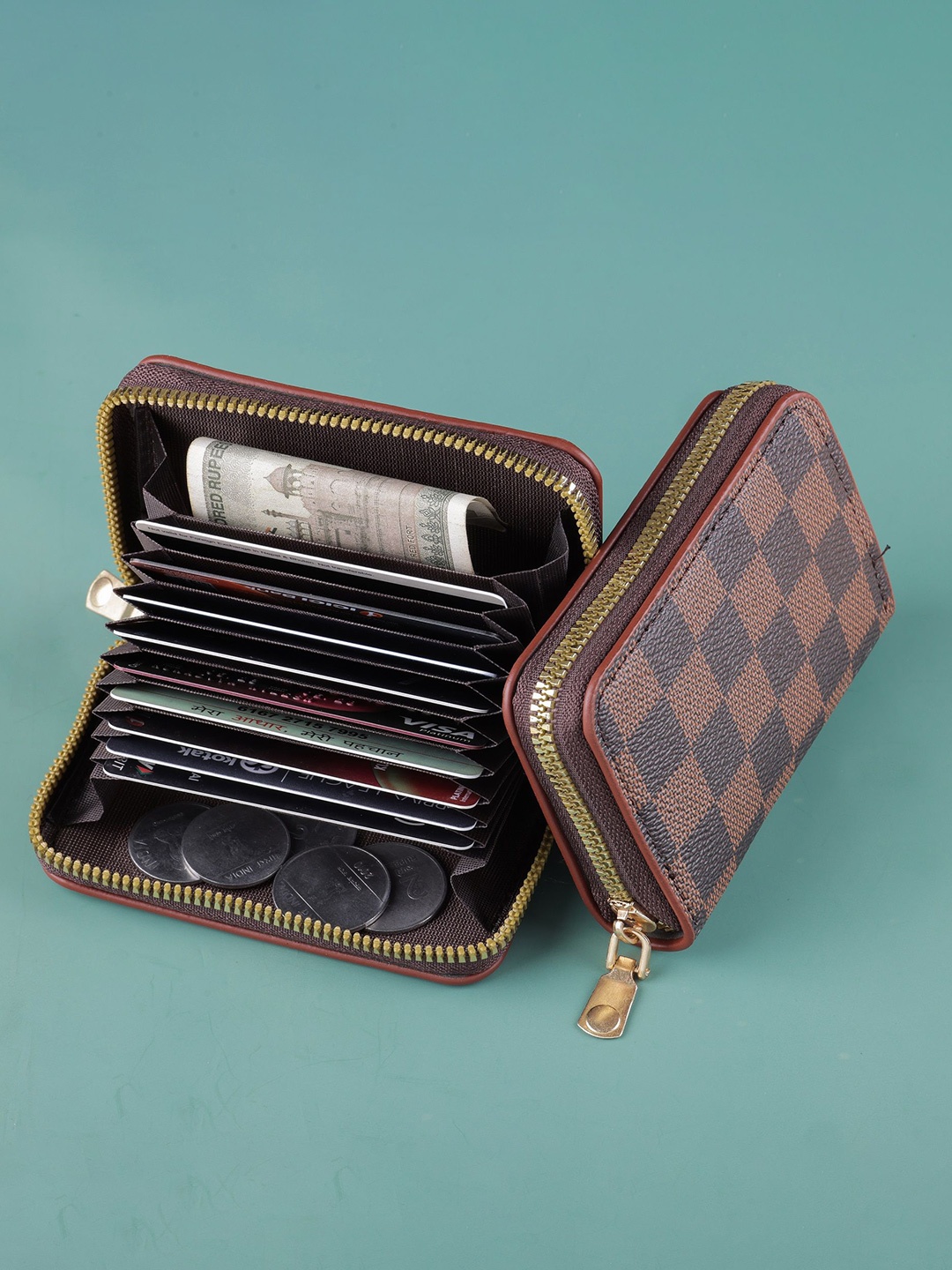 

SZN Women Checked Zip Detail Card Holder Wallets, Brown
