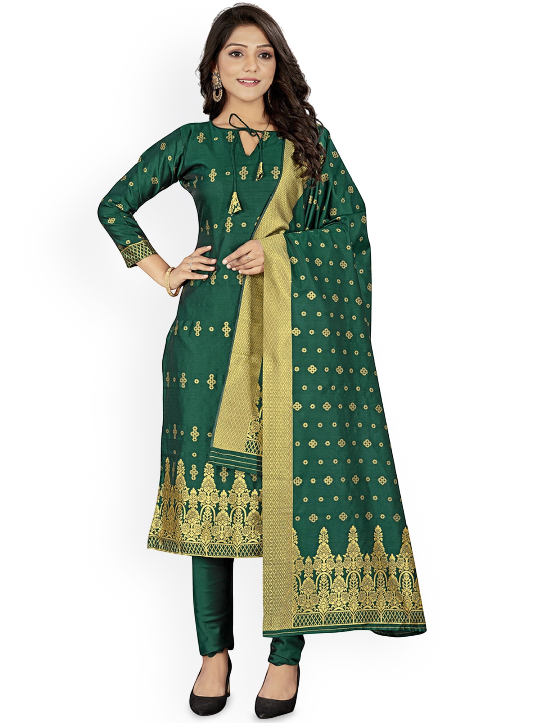 

HERE&NOW Floral Woven Design Unstitched Dress Material, Green