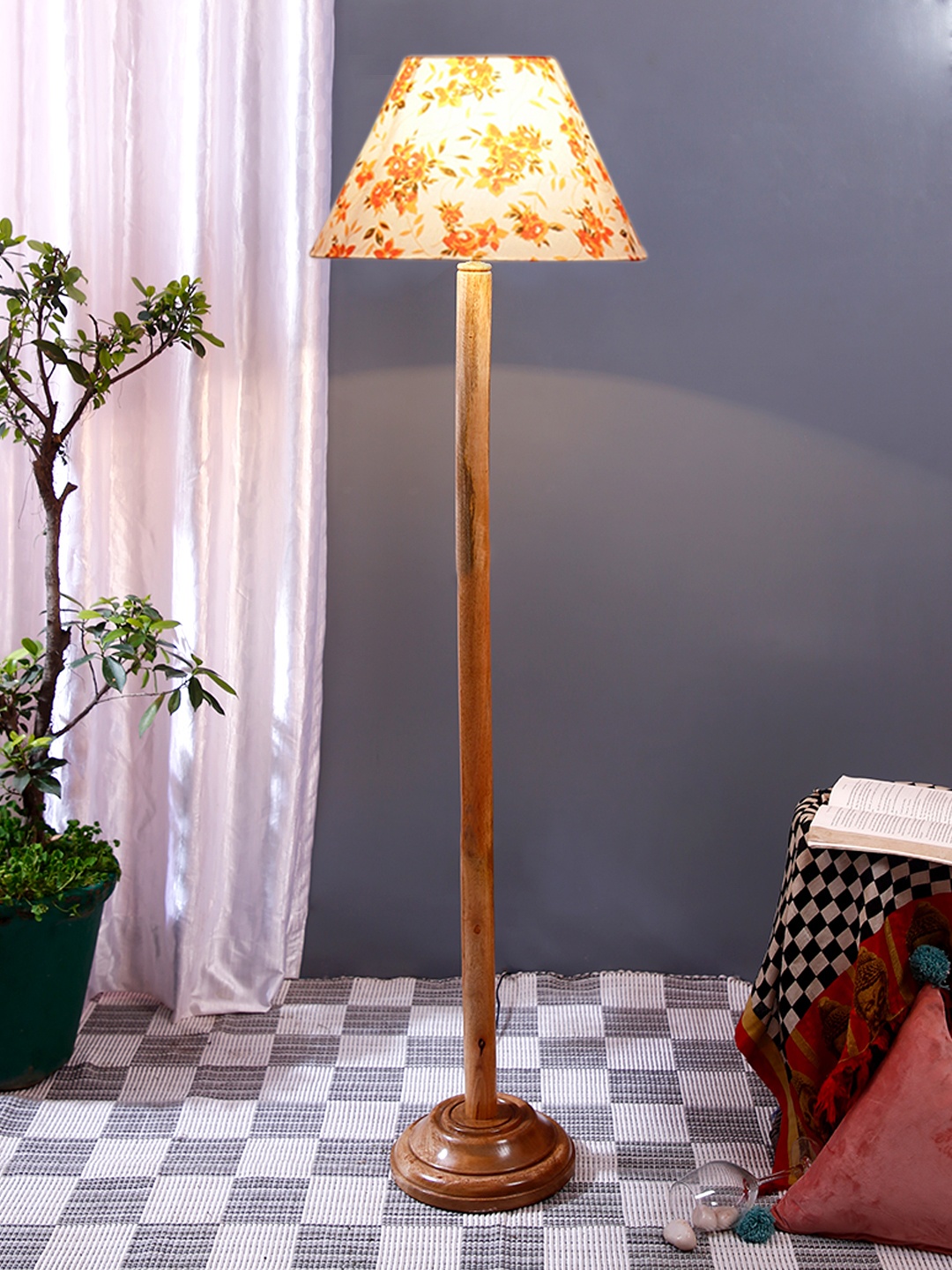 

Devansh White & Orange Printed Cotton Frustum Shade Wood Base Floor Lamps