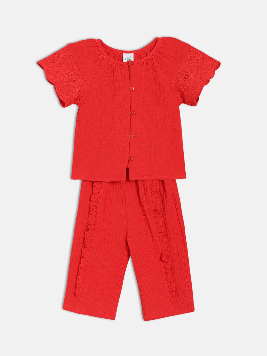 

MINI KLUB Girls Half Sleeves Round Neck Pure Cotton Top With Trousers, Red