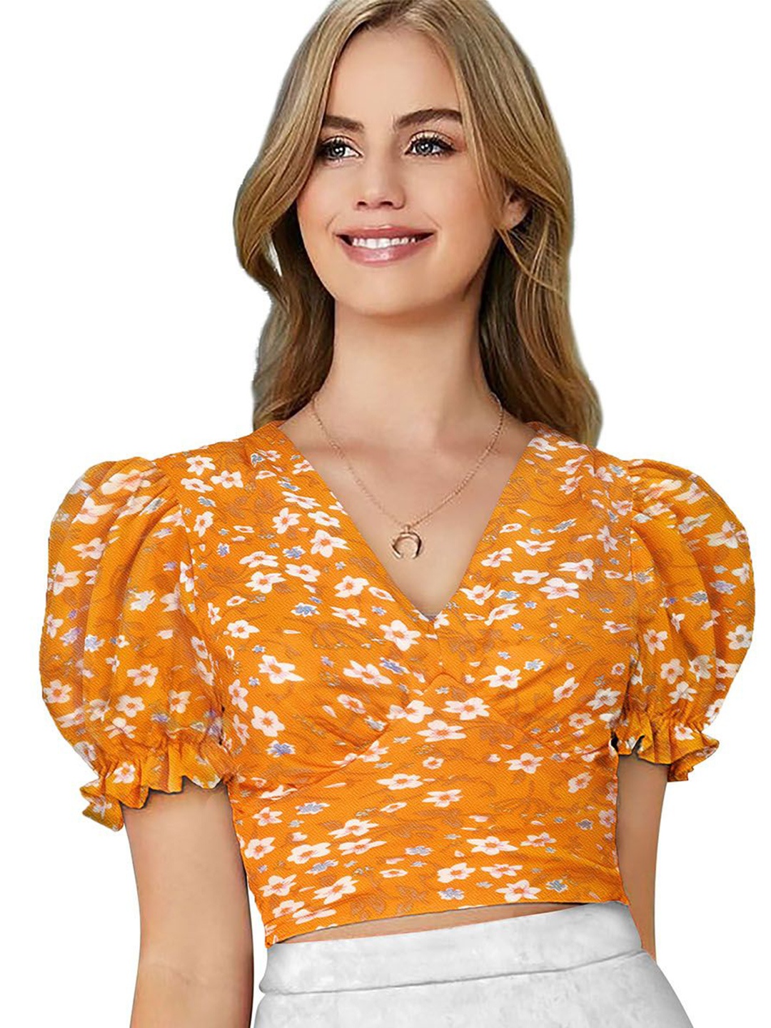 

Baesd Women Floral Printed V-Neck Puff Sleeves Crop Empire Top, Yellow
