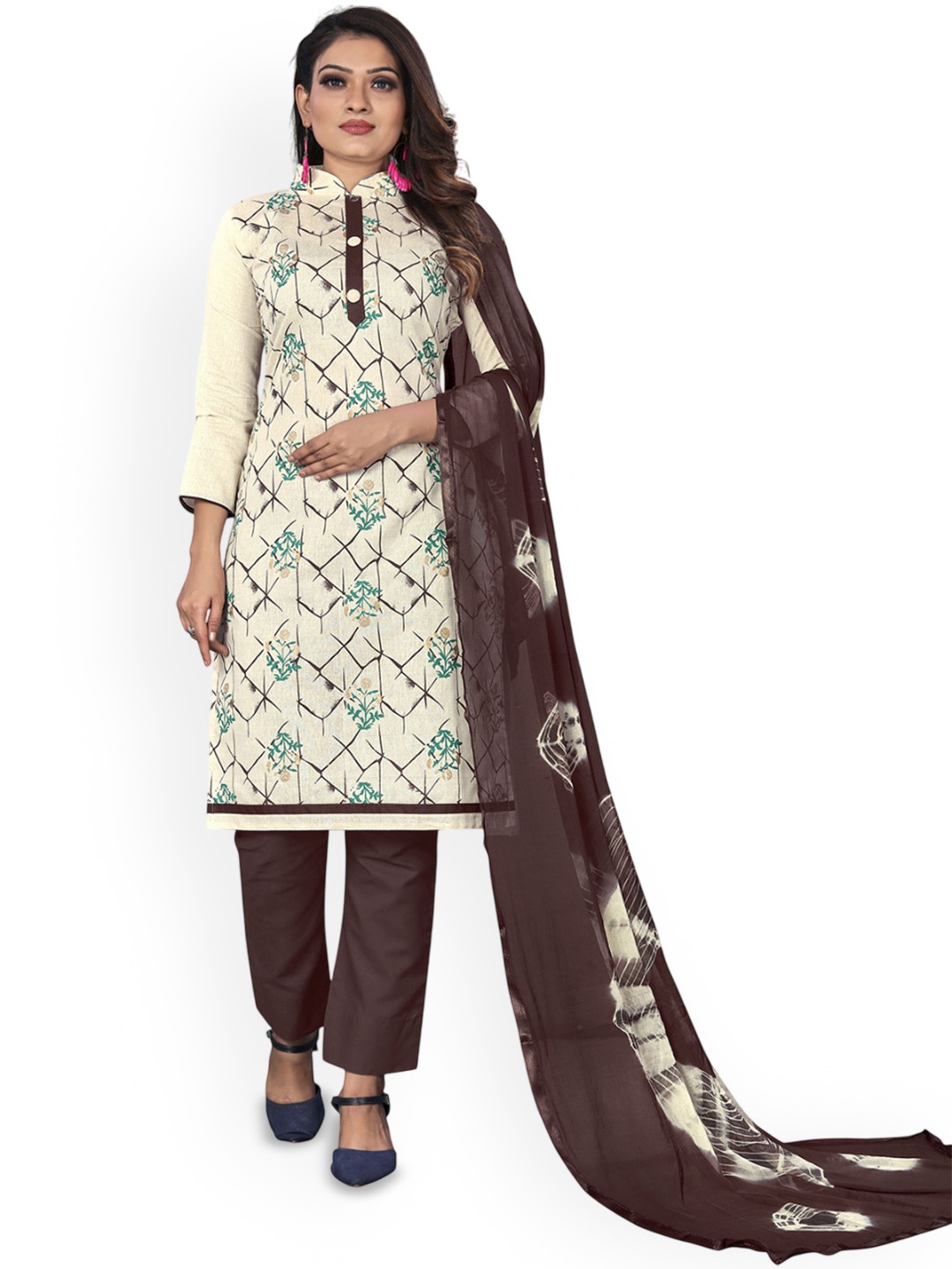 

HERE&NOW Floral Printed Khadi Cotton Unstitched Dress Material, White
