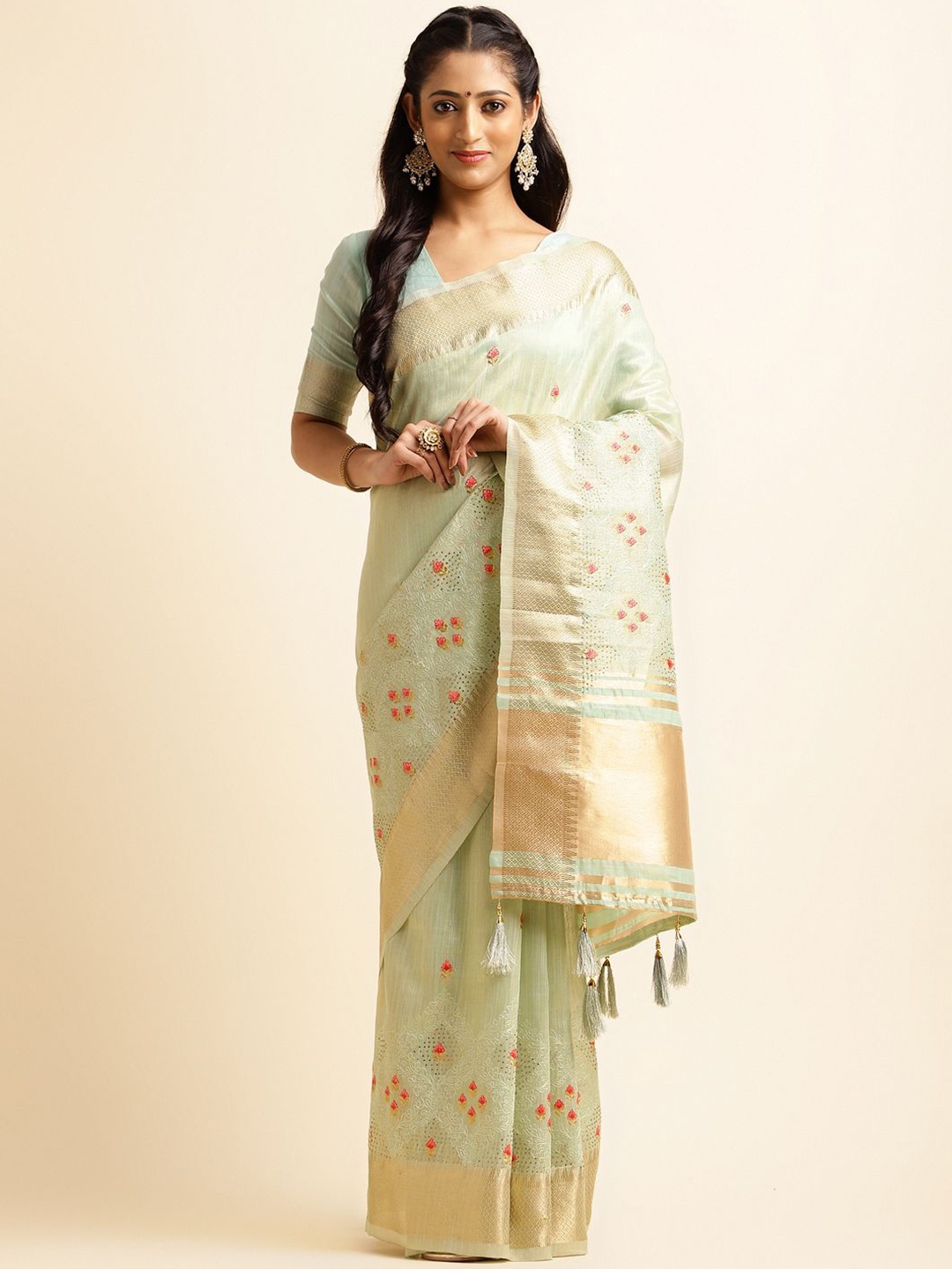 

VIRENDRA TEXTILES Embroidered Floral Zari Pure Cotton Saree, Green