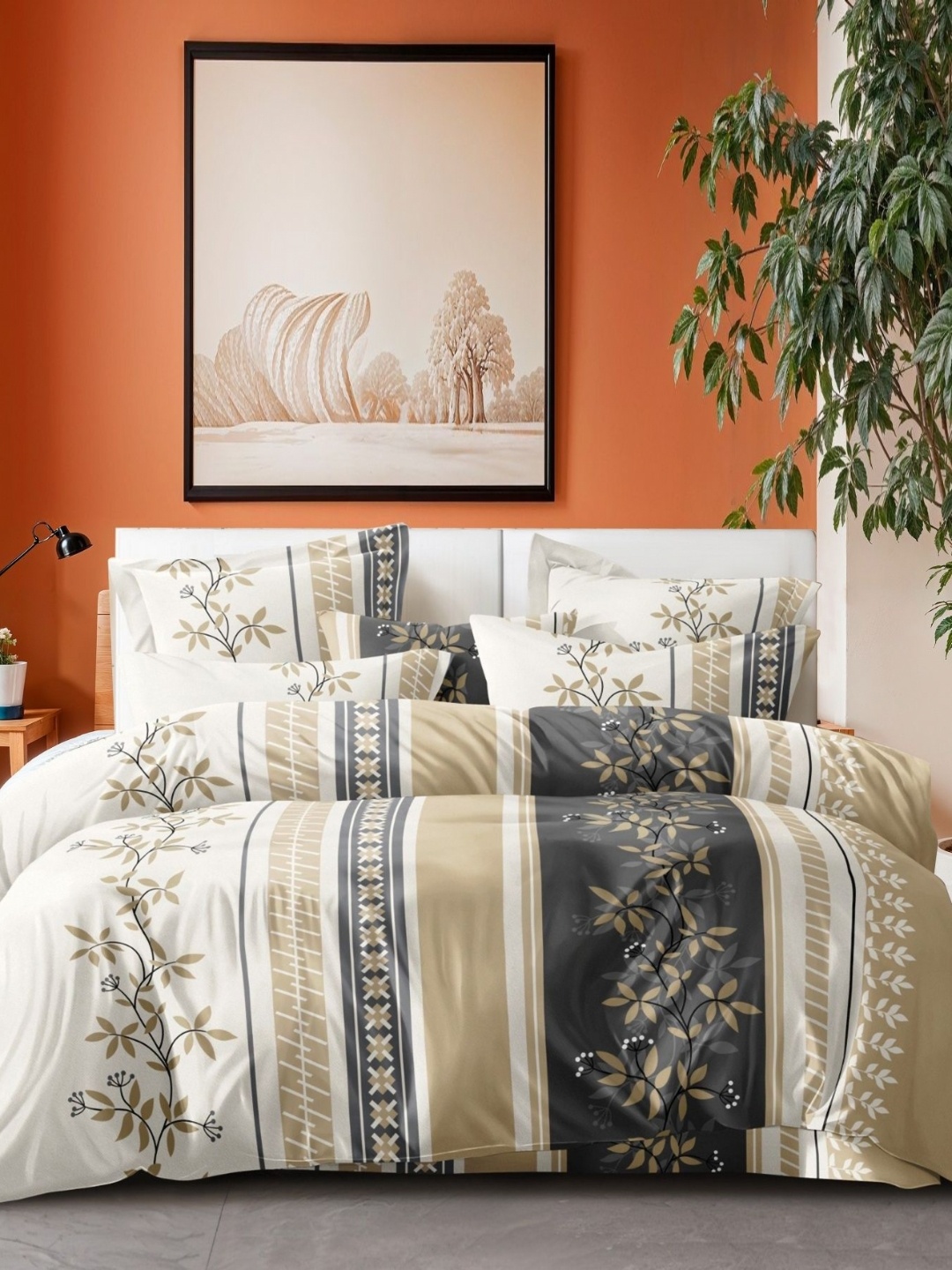 

Eleganta White & Brown Floral 350 TC Queen Bedsheet with 2 Pillow Covers