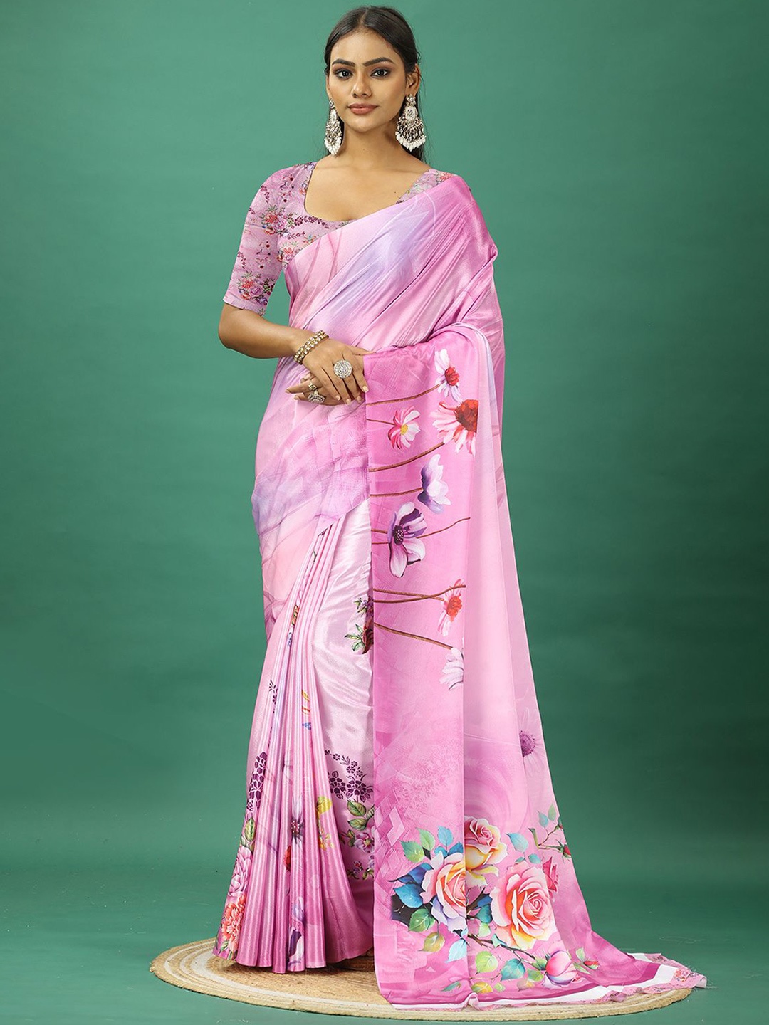 

VIRENDRA TEXTILES Floral Printed Pure Crepe Saree, Pink