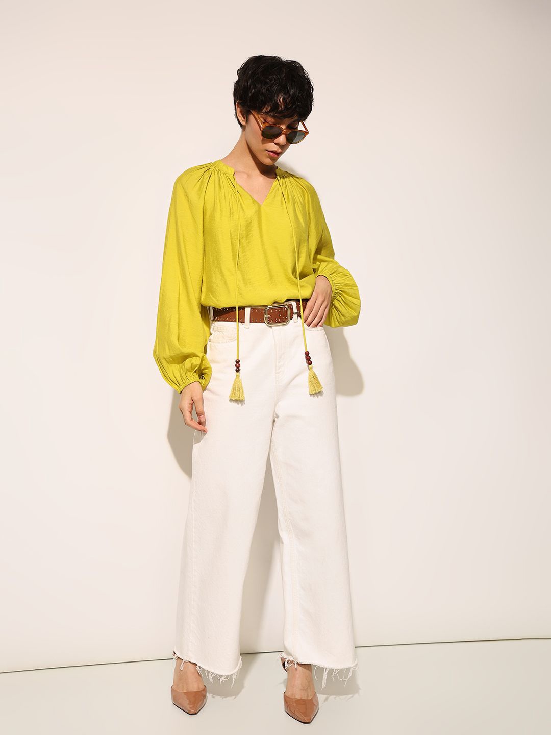 

ONLY Women Tie-Up Neck Puff Sleeve Regular Top, Yellow