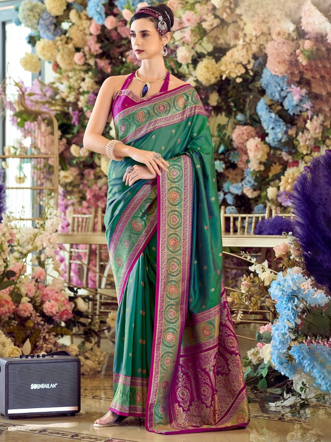 

DEVATITHI Green Pure Soft Banarasi Silk Saree