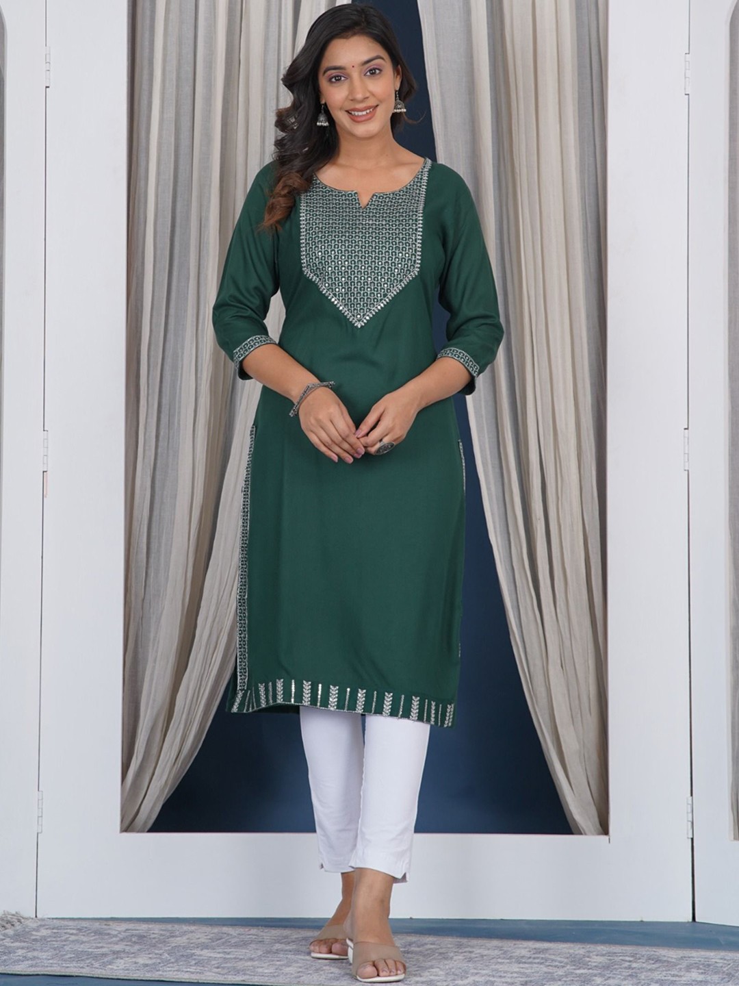 

Prathmikta Embellished Yoke Design Notch Neck Thread Work Straight Kurta, Green