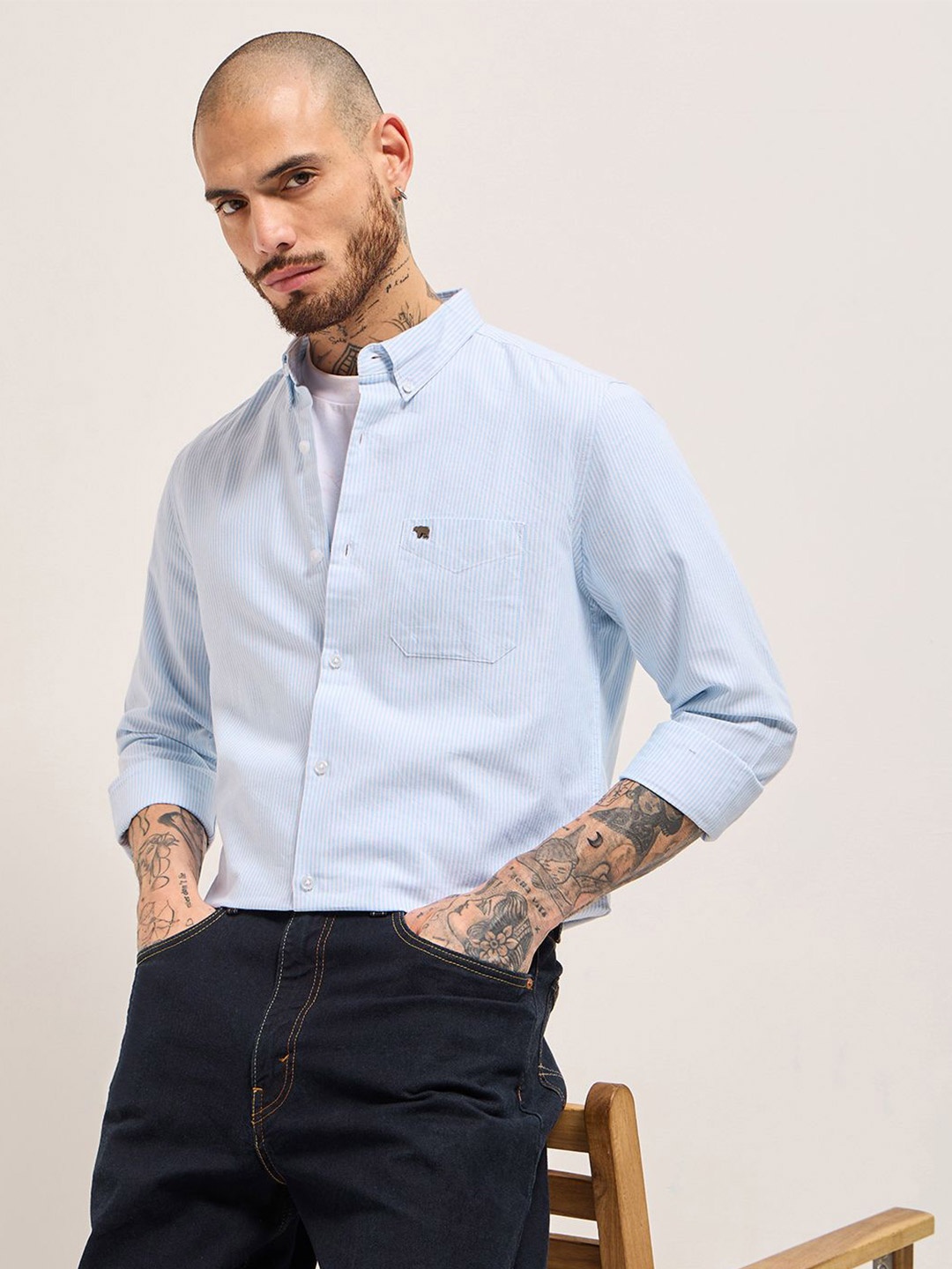

THE BEAR HOUSE Men Slim Fit Opaque Striped Casual Shirt, Blue
