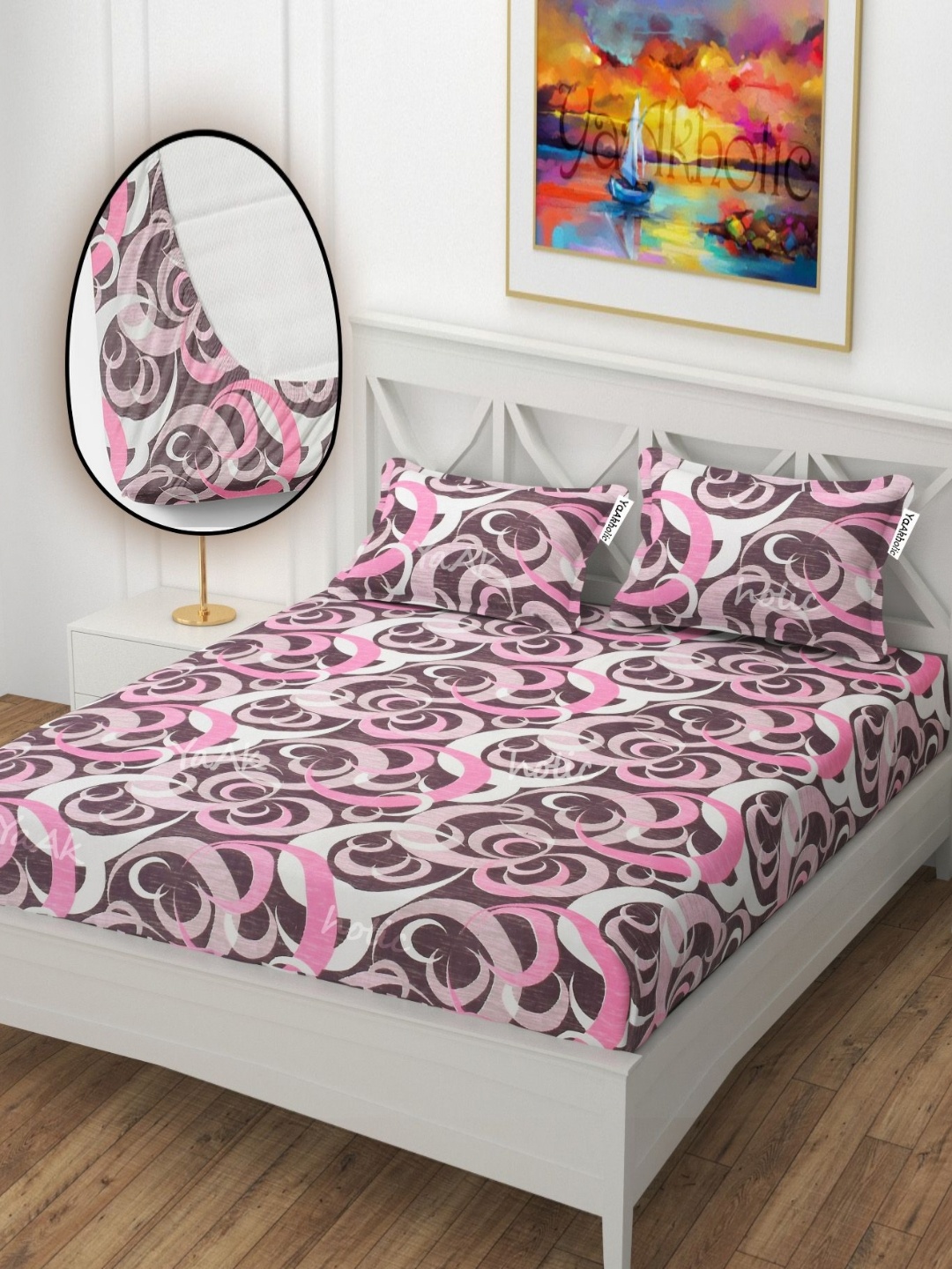 

YaAkholic Pink & Grey Geometric 210 TC King Bedsheet with 2 Pillow Covers