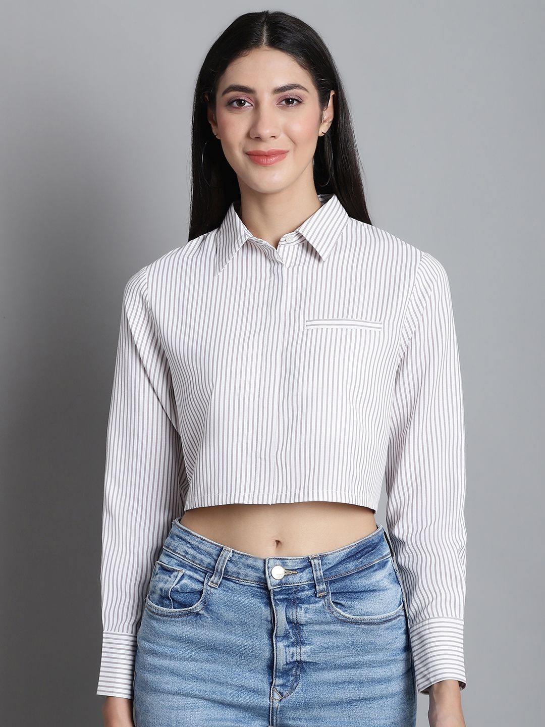 

JAKANARY Women Opaque Striped Casual Shirt, Blue