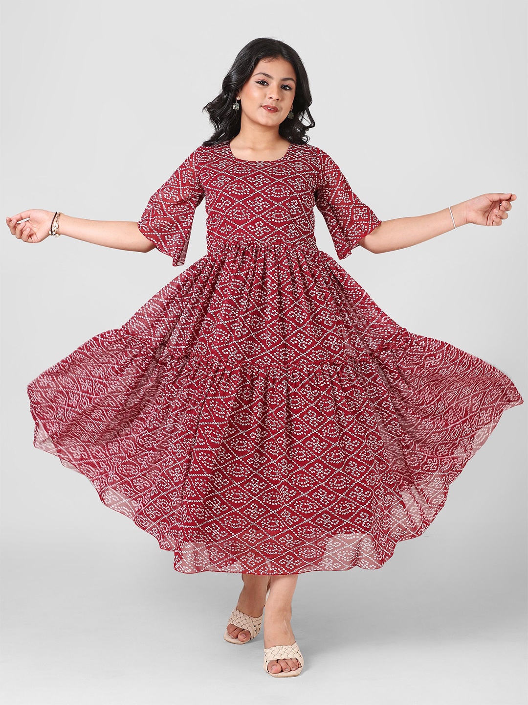 

Aarya Designer Girls Geometric Printed Fit & Flare Maxi Dress, Maroon