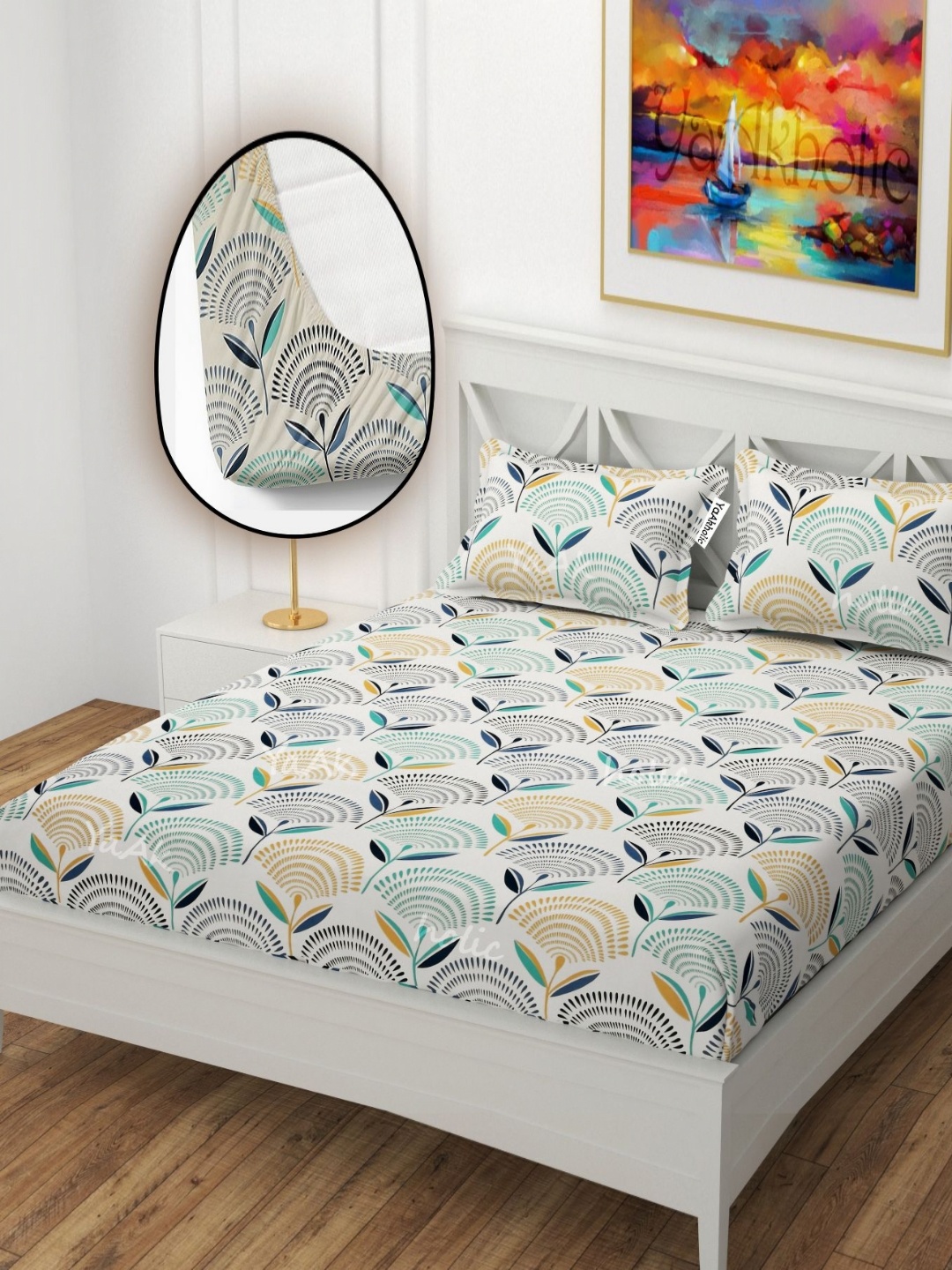 

YaAkholic Cream & Green Floral Printed Microfiber 210 TC King Bedsheet Set 1.98m x 1.82m