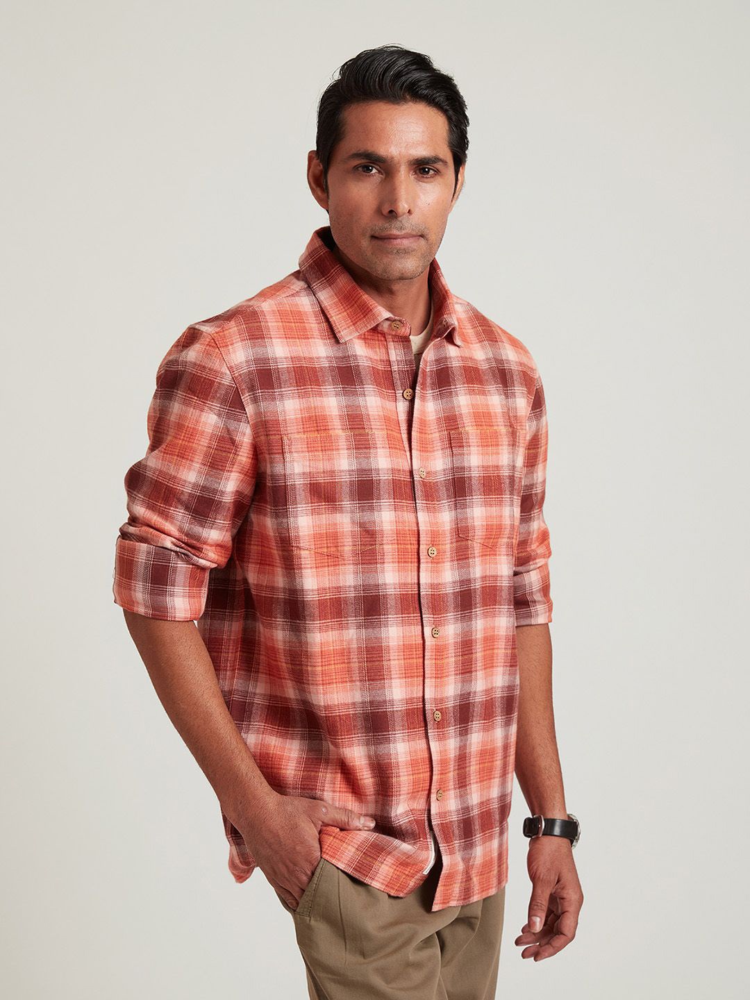 

B77 Men Relaxed Opaque Checked Casual Shirt, Orange