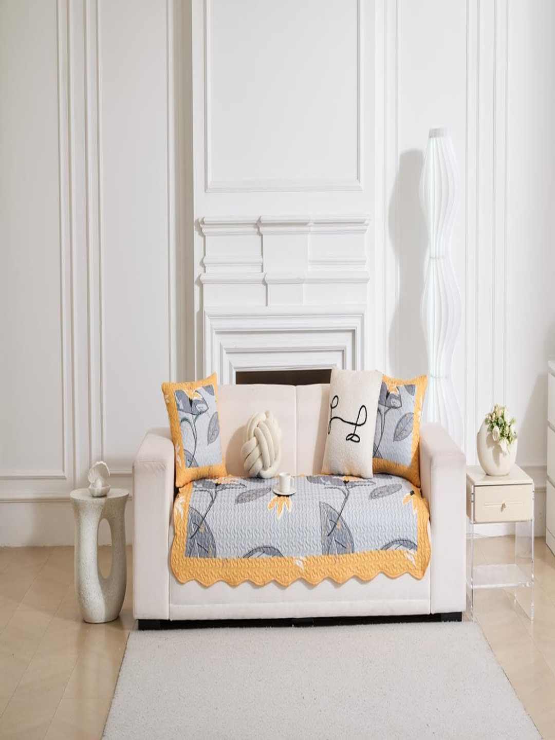 

HomeCloud Yellow & Grey Printed Cotton Sofa Cover