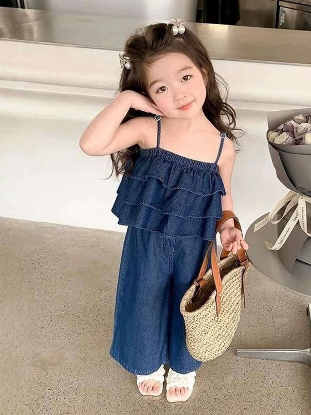 

StyleCast x Revolte Girls Shoulder Straps Pure Cotton Top With Trousers, Navy blue