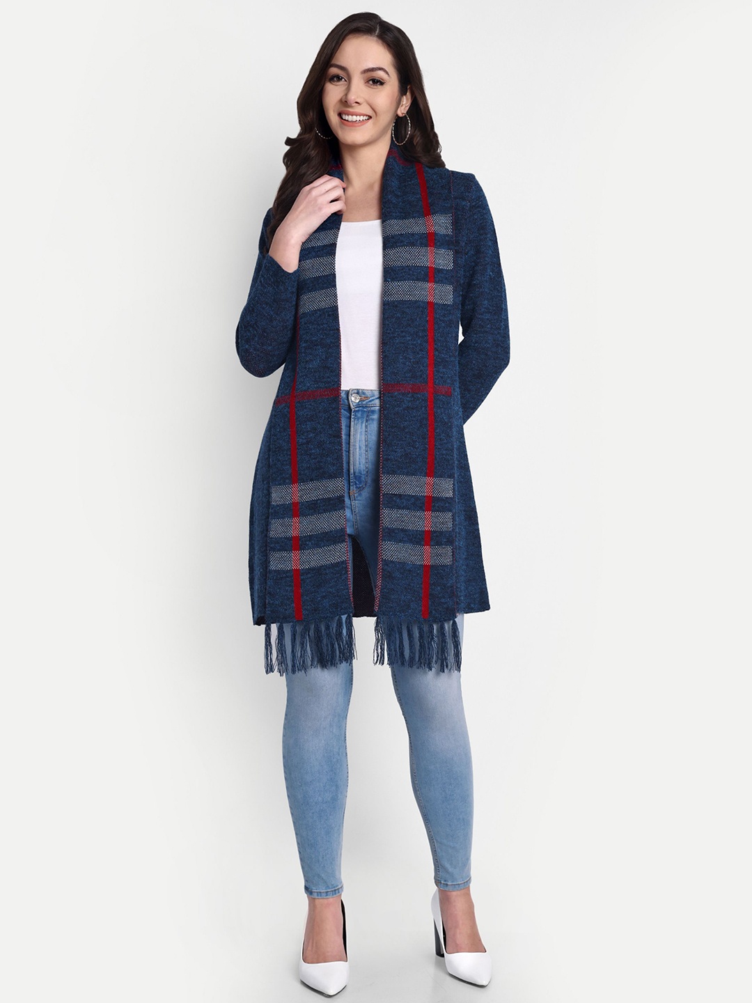 

HAUTEMODA Women Striped Woollen Longline, Navy blue