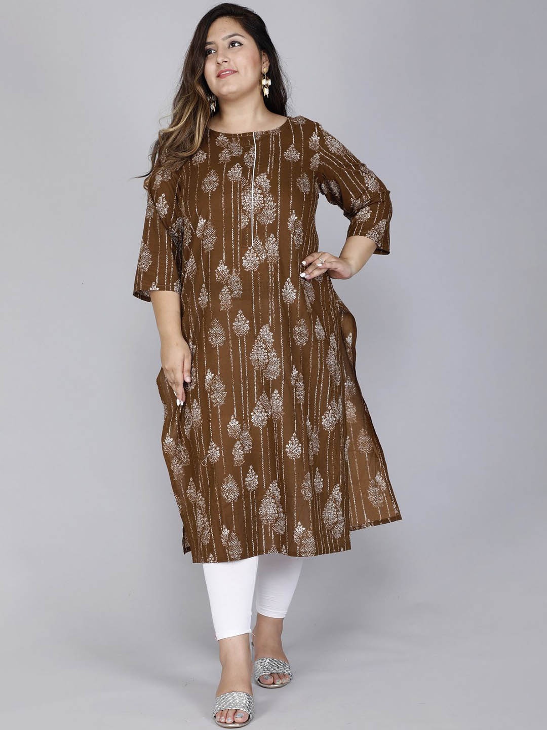 

Gs Fashions Plus Size Floral Printed Pure Cotton Round Neck Straight Kurta, Brown
