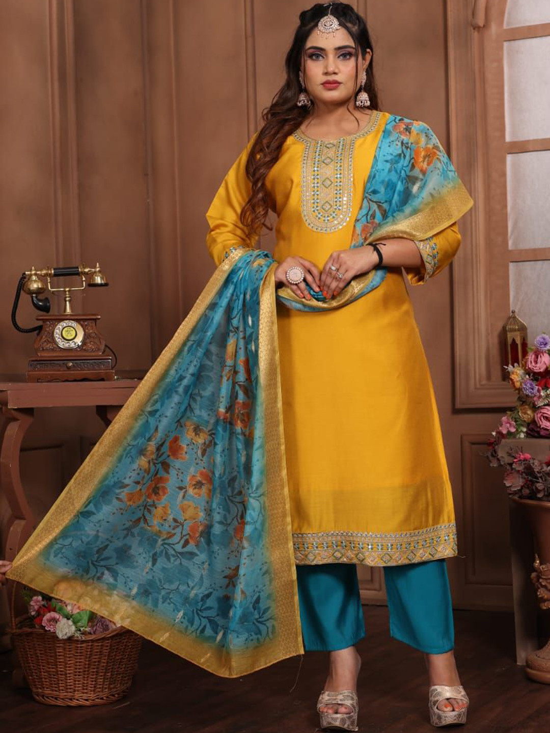 

Maheesha Ethnic Motifs Embroidered Thread Work Straight Kurta With Trousers & Dupatta, Yellow