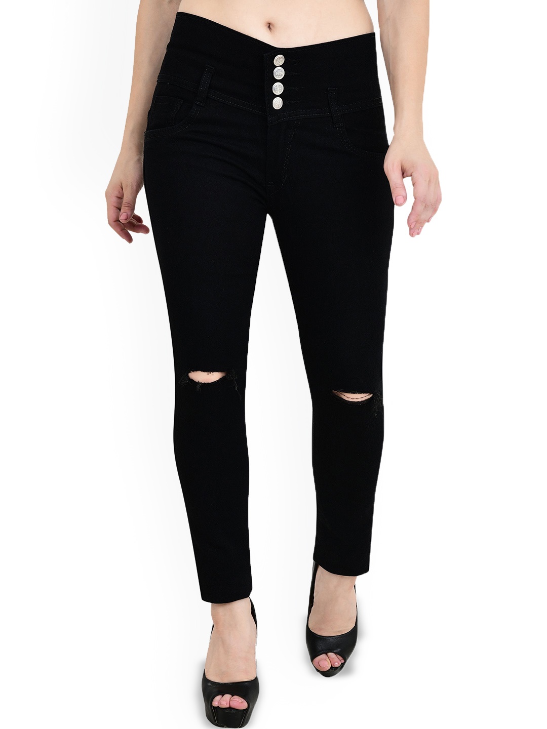 

LINARIA Women Classic Slim Fit Slash Knee Jeans, Black